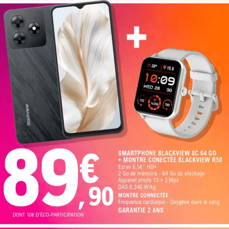 Smartphone Blackview 8C 64 Go + Montre Connecté Blackview R50